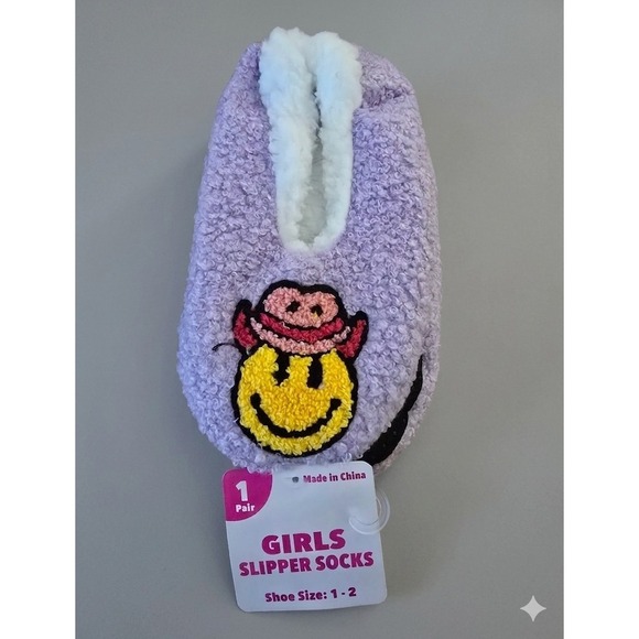 The Unbranded Brand Other - Girls Purple Slipper Sock Style, Embroidered Smiley, Slip-On, Size 1-2